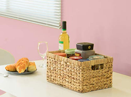Natural Woven Water Hyacinth Wicker Rectangular Storage Bin Basket with Handles, Medium - size: Medium