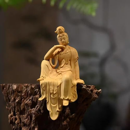 Hand-Carved Boxwood Avalokitesvara Figurine, Zen Buddhist Home Decor, Meditation Art for Living Room, Office Desk, or Altar, Natural Wood Craftsmanship