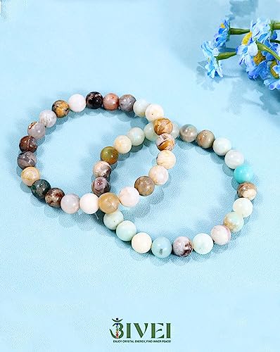 Bivei Natural Gemstone Semi Precious Healing Crystals Handmade Stretchy Round Beads Bracelet,Stocking Stuffers for Women Enhance Positive Energy - color: 8mm Bamboo Leaf Agate & Amazonite (Good Luck), size: Small: 6.5-6.7 inch