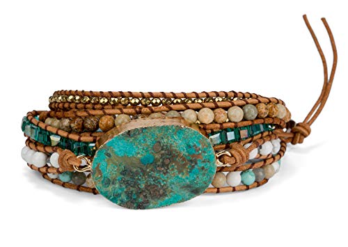 New! Dazzling Handmade Leather Wrap Bracelet Collection - style: 5 Wrap Ocean Jasper