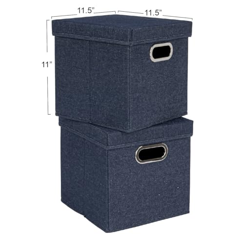 Household Essentials Collapsible Cotton Blend Cube Storage Box with Lid and Metal Grommet Handle, Set of 2, Denim - color: Denim