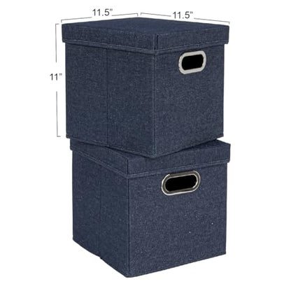 Household Essentials Collapsible Cotton Blend Cube Storage Box with Lid and Metal Grommet Handle, Set of 2, Denim - color: Denim
