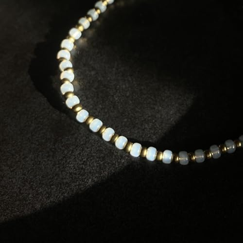Handmade Opal White Glass & 18K Gold Plated Brass Beaded Bracelet | Minimalist Modern Jewelry for Women | Everyday Glamor Stacking Piece - size: Large