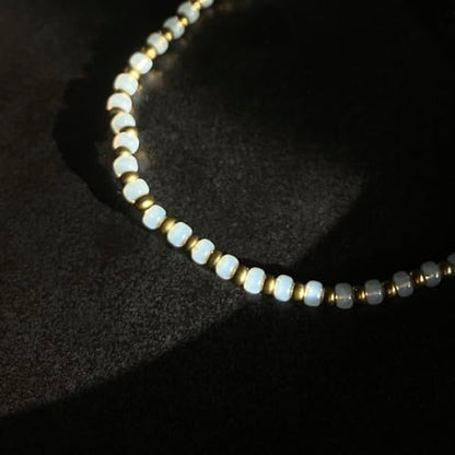 Handmade Opal White Glass & 18K Gold Plated Brass Beaded Bracelet | Minimalist Modern Jewelry for Women | Everyday Glamor Stacking Piece - size: Large