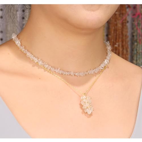 2Pcs Crystal Necklace for Women Handmade Choker Necklaces Pendant Necklace Natural Stone Gemstone Beaded Necklace 18k Gold Plated Adjustable Dainty Necklace for Women - color: Clear Quartz
