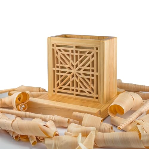 Handmade Hinoki Wood Desk Decor, Japanese Zen Wooden Pen Holder, Handcrafted Office Art, Kumiko Art (White) - color: White