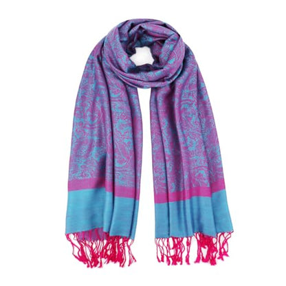 Silky Paisley Pashmina Shawl Scarf-Women's Soft Double-side Jacquard Pashminas Wrap for Evening Dress Travel Shawl - color: A-blue/Fuchsia