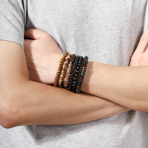 MILAKOO Mens Beaded Bracelets Tribal Wooden Elastic Adjustable Prayer Beads Wrap Cuff for Women - color: T: 6pcs