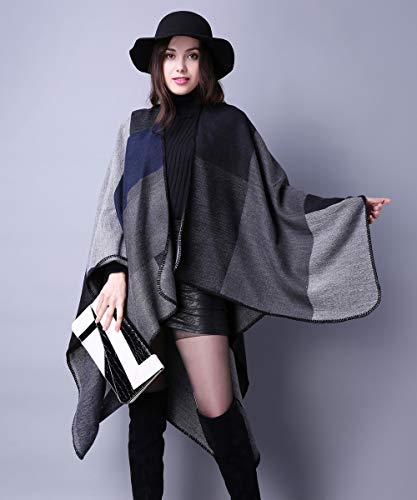 Women's Shawls and Wraps Open Front Poncho Cape Winter Sweater - color: A4-black