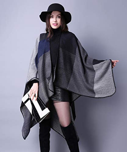 Women's Shawls and Wraps Open Front Poncho Cape Winter Sweater - color: A4-black