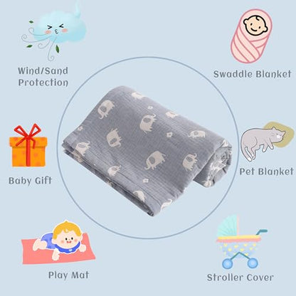 NTBAY 3 Layer Oversized Muslin Cotton Toddler Blanket, Jacquard Reversible Nursery Bed Blanket, Super Soft and Thermal for All Seasons, Baby Gift, 45"x60", Blue Elephant - color: Blue Elephant, size: 45x60 Inch (Pack of 1)