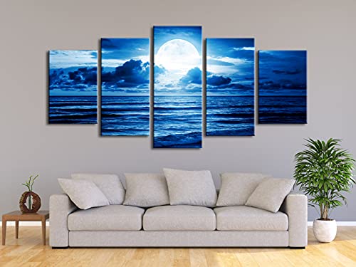 Pyradecor Extra Large Blue Clouds 5 Panels Moon Sea Beach Canvas Wall Art Modern Landscape Canvas Prints Pictures Artwork for Living Room Bedroom Home Decorations - size: 16x24inchx2pcs,16x32inchx2pcs,16x40inchx1pc