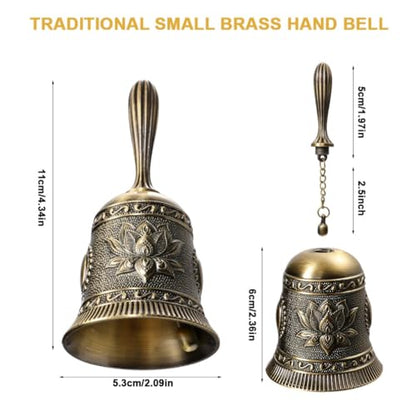 Super Loud Solid Brass Hand Call Bell Lotus Polished Vintage Metal Hand Dinner Bell Call Service Handbell for Bedside Wedding Classroom Meditation