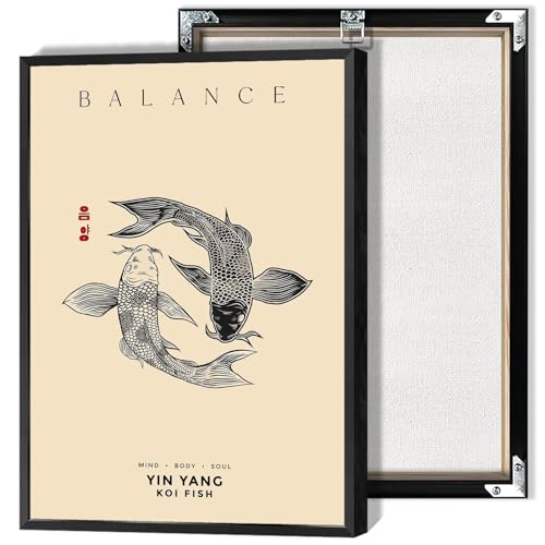 Vintage Japan Koi Fish Poster Yin Yang Mind Body Soul Canvas Wall Art Japanese Balance Calming Mindfulness Prints Painting For Home Bedroom Dorm Wall Decor 12x16in Framed - color: Koi Fish 001, size: 12"L x 16"W
