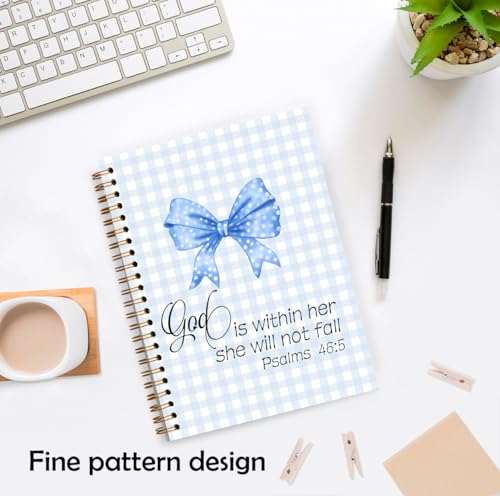 XUNLURY Blue Coquette Bow Christian Notebook, God Is Within Her She Will Not Fall Bible Journal, Preppy Blue Plaid Christian Journal for Women, Bible Study Hardcover Spiral Notebooks, 5.5x8.3 Inch - color: Color_D