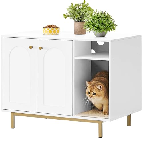 Hzuaneri Cat Litter Box Enclosure,Hidden Litter Box Furniture with Storage, Large Wooden Cabinet with Sisal Mat, Modern Cat Washroom for Living Room, Bedroom, Entryway, White and Gold 01503GCLB - color: White and Gold