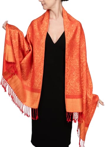 Achillea Two-Tone Vintage Paisley Pashmina Scarf – Lightweight Wrap & Shawl for Dresses, Weddings, Travel, All Seasons - color: Orange