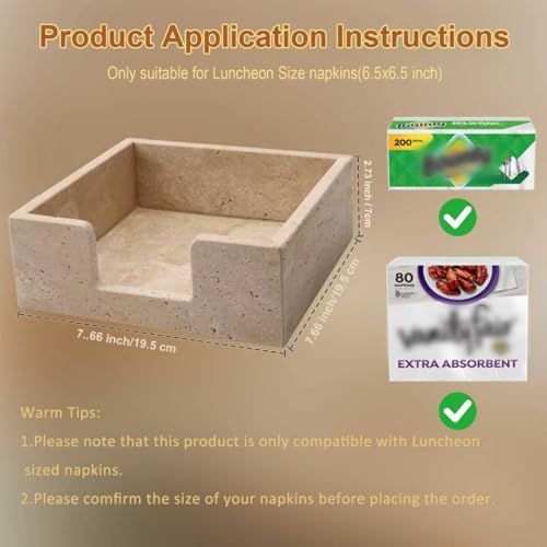 Luncheon Napkin Holder,Travertine Stone Napkin Holders Fit for 6.5”x6.5” Luncheon-Sized Napkins,Stone Napkin Holder for Table Kitchen Counter Dining Room Party Bar Decor,Beige - size: 7.7 x 7.7 Inch