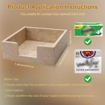 Luncheon Napkin Holder,Travertine Stone Napkin Holders Fit for 6.5”x6.5” Luncheon-Sized Napkins,Stone Napkin Holder for Table Kitchen Counter Dining Room Party Bar Decor,Beige - size: 7.7 x 7.7 Inch