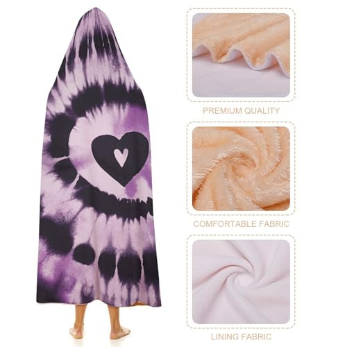 Purple Tie Dye Hooded Blanket, Soft Arctic Velvet Wearable Throw for All-Season, Bed, Sofa, Camping 60"x80"