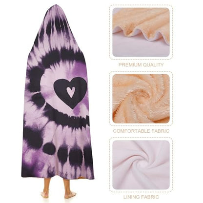 Purple Tie Dye Hooded Blanket, Soft Arctic Velvet Wearable Throw for All-Season, Bed, Sofa, Camping 60"x80"