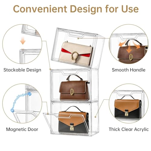 Purse Organizer for Closet,Clear Acrylic Display Case for Handbag Organizer, Purse Storage Box with Magnetic Door, Plastic Storage Bins for Book, Collectibles, Cosmetic (9 Pack)
