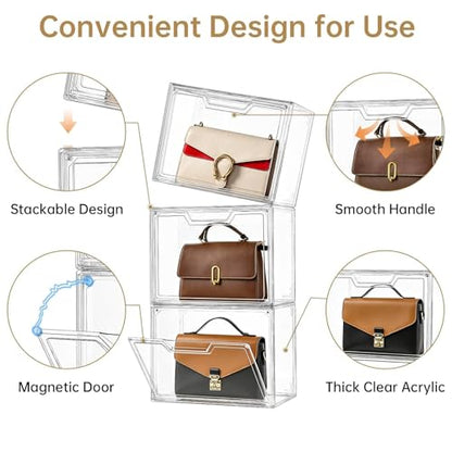 Purse Organizer for Closet,Clear Acrylic Display Case for Handbag Organizer, Purse Storage Box with Magnetic Door, Plastic Storage Bins for Book, Collectibles, Cosmetic (9 Pack)
