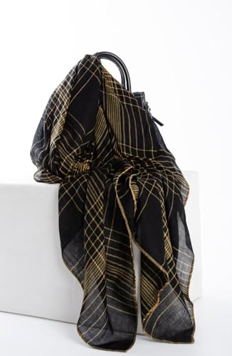 Luxury Cashmere Pashmina Style Shawl - Silk & Wool Blend Scarf, Lightweight Skin-Friendly Wrap - color: Black + Yellow (Checkered)