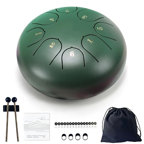 TUOKING Steel Tongue Drum 6 Inch 8 Notes D Major Rain Drum with Carry Bag,Hand pan Drum Mallet and Music Book - Perfect Zen Meditation Instrument, Gift for Beginners & Adults(Green) - color: Green, size: 6 Inch 8 Notes
