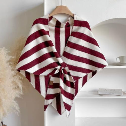WaJuemy Pashmina Shawl Wraps for Women Cross Sweater Shawls and Wraps Cardigan Cape Front Poncho Knit Cashmere Sweater Shawl - color: 16 Red/White Stripe