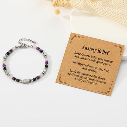 Natural Healing Crystal Bracelet for Women, Triple Protection Anxiety Relief New Beginnings Good Luck Empath Protection Jewelry Gift for Friends Daughter Mom 6.5+1.8 Inches - style: Anxiety Relief