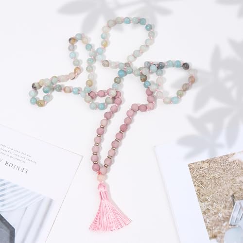 8MM Beads Chakra Long Mala Necklace Natural Stone Meditation Statement Necklace Japa Yoga Buddhist Rosary Prayer Charm Beaded Tassel Necklace - color: Matte Rhodonite