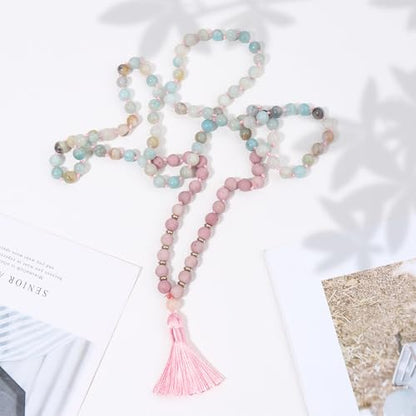 8MM Beads Chakra Long Mala Necklace Natural Stone Meditation Statement Necklace Japa Yoga Buddhist Rosary Prayer Charm Beaded Tassel Necklace - color: Matte Rhodonite