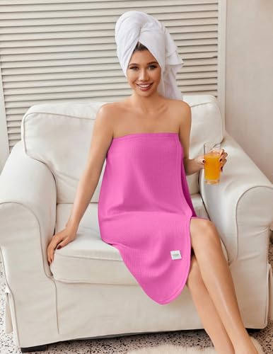 Ekouaer Waffle Robes For Women Bath Wrap Lightweight Shower Wrap 2026 Knee Length Spa Robe with Adjustable Closure S-XL - color: Hot Pink, size: X-Large