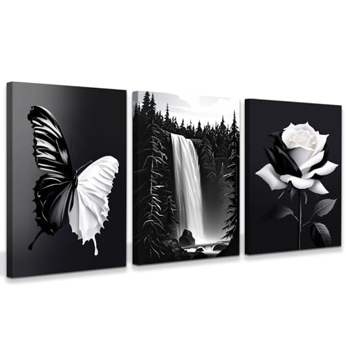 QPOKLAF Black and White Butterfly and Flowers Wall Art Canvas Prints Landscape Living Room Wall Decor,Butterfly and Flower Framed Posters Bathroom Office Wall Decorations Set of 3 (12"x16") - color: Framed-Black and White Butterfly Flower Art
