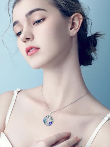 TOUPOP s925 Sterling Silver Family Celtic Tree of Life Pendant Necklaces with 2 Heart Birthstone with Blue Austrian Crystal Jewelry Birthday Valentines Day Gifts for Her, Anniversary Christmas Gifts for Wife Girlfriend Mom (18K Real White Gold Filled) - c