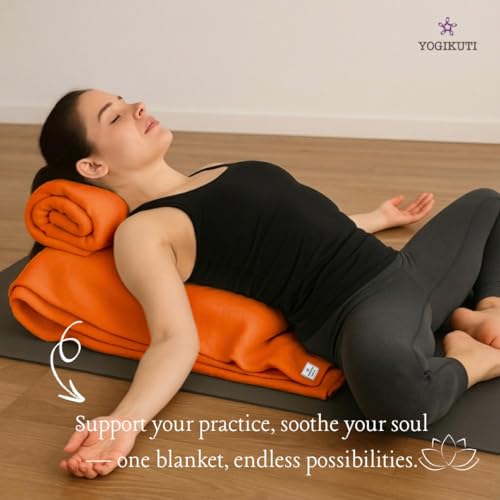 Yogikuti Iyengar Cotton Yoga Blanket Set of One – Thick Handwoven Yoga Blankets for Restorative Yoga, Meditation & Pranayama – Premium Cotton Yoga Blanket for Support & Comfort in Pranayama (Orange)