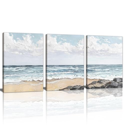 WENGTIAO Beach Canvas Wall Art Prints Set of 3 Coastal Seaside Wall Paintings Abstract Seascape Photos Pictures Blue Ocean Artwork for Home Decor Living Room Bedroom Office 12”x16”x3 - color: Coastal Beach, size: 12"x16"x3Pcs