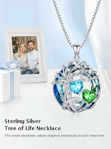 TOUPOP s925 Sterling Silver Family Celtic Tree of Life Pendant Necklaces with 2 Heart Birthstone with Blue Austrian Crystal Jewelry Birthday Valentines Day Gifts for Her, Anniversary Christmas Gifts for Wife Girlfriend Mom (18K Real White Gold Filled) - c