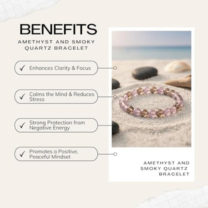 The Alchemist's Arcanum Adjustable Beaded Wrist Accessory for Men and Women, Stretch Fit Stone Bead Jewelry for Daily Wear and Gifting - color: Amethyst & Smoky Quartz