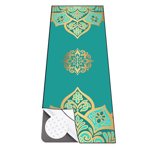 Colorful Star Yoga Towel with Corner Pockets, Non Slip Grip Dots Absorbent Hot Yoga Mat Towels, Yoga Blankets with Travel Bag, Mat Cover for Workout, Gym, Fitness - 74"x26", Turquoise Gold Mandala - color: Turquoise Gold Mandala, size: 74" x 26"