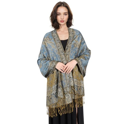 MUQU Women Pashmina Shawls and Wraps Scarf Soft Silky Reversible Paisley Scarves Shawl for Women - color: Denim Blue