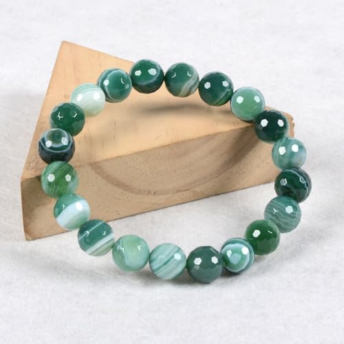 Justinstones Gemstone Crystals Chakra Beads Bracelet Crystal Healing 10mm Round Stretchable Bracelet for Her Gift - color: Faceted Dyed Green Banded Agate