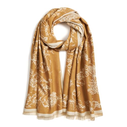 QIUTIMIY Pashmina Shawl Wraps for Womens Winter Scarf Reversible Pattern Designer Ladies Shawls and Wraps for Evening Dresses - color: Flower8-khaki