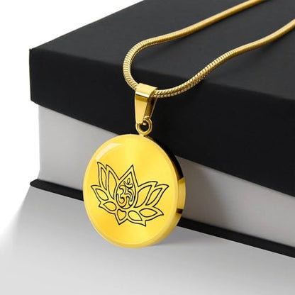 quan jewelry Yoga Lotus Flower Pendant Necklace with Om Symbol, Happy Birthday Gifts Ideas for Mom, Daughter, Women with Inspirational Quote on Gift Card - color: 18K Gold-Tone Cirle Plate