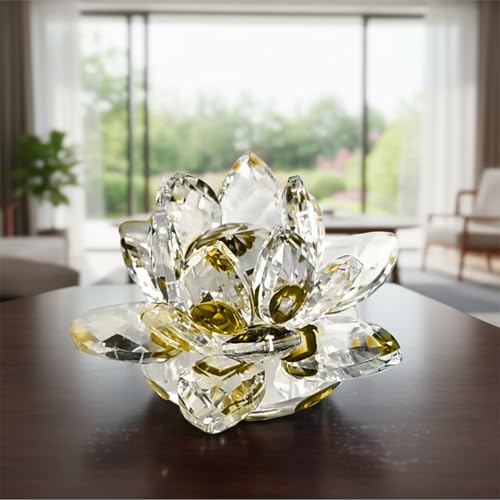 Sparkle Crystal Lotus Flower, Hue Reflection Feng Shui Home Decor, Yellow | Crystal Lotus Shape, Faceted Petals, Compact Size, Desk Shelf Tabletop Display - color: Yellow