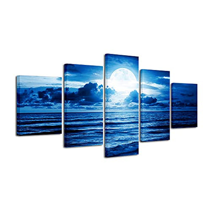 Pyradecor Blue Clouds Modern 5 Panels Moon Sea Beach Canvas Wall Art Large Gallery Wrapped Landscape Giclee Canvas Prints Pictures Artwork Paintings for Living Room Bedroom Home Decorations L - size: 12x16inchx2pcs,12x24inchx2pcs,12x32inchx1pc