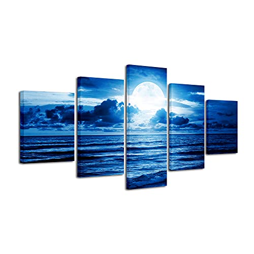 Pyradecor Blue Clouds Modern 5 Panels Moon Sea Beach Canvas Wall Art Large Gallery Wrapped Landscape Giclee Canvas Prints Pictures Artwork Paintings for Living Room Bedroom Home Decorations L - size: 12x16inchx2pcs,12x24inchx2pcs,12x32inchx1pc