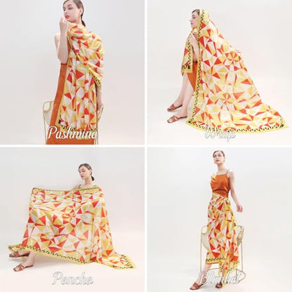 100% Mulberry Extra Large Silk Pashmina Scarf Shawls And Wraps For Women Evening Dress Summer Travel Floral Blanket - color: Orange Geo Muse