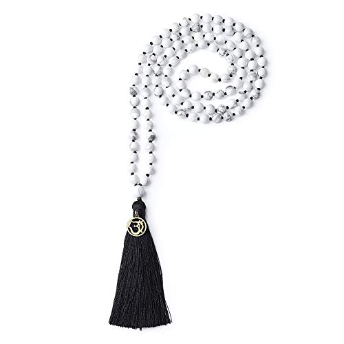 COAI OM Charm Hand Knotted Tassel 108 Mala Beads Necklace - color: Howlite, size: 8mm